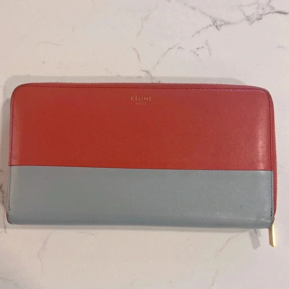 CELINE | Round Zipper Long Wallet | Lambskin | Ladies Salmon Pink x Grey | EUC